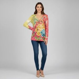 NALLY & MILLIE Women's Multi-Color Floral Hacci Slub Hoodie